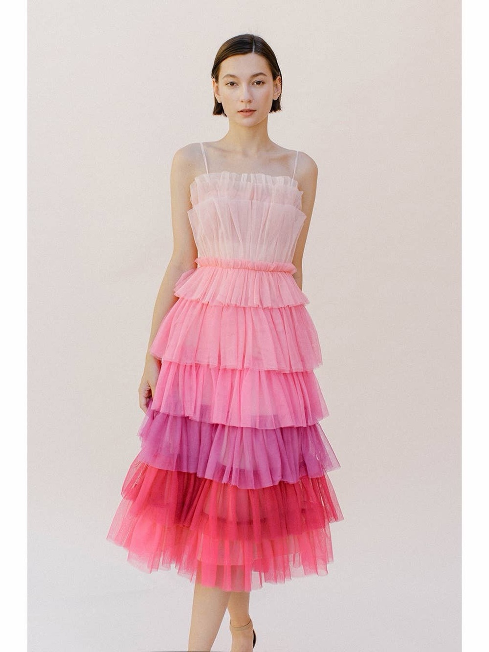 Storia Pink Ombré Tiered Tulle Midi Dress Ruffle Fairycore Party